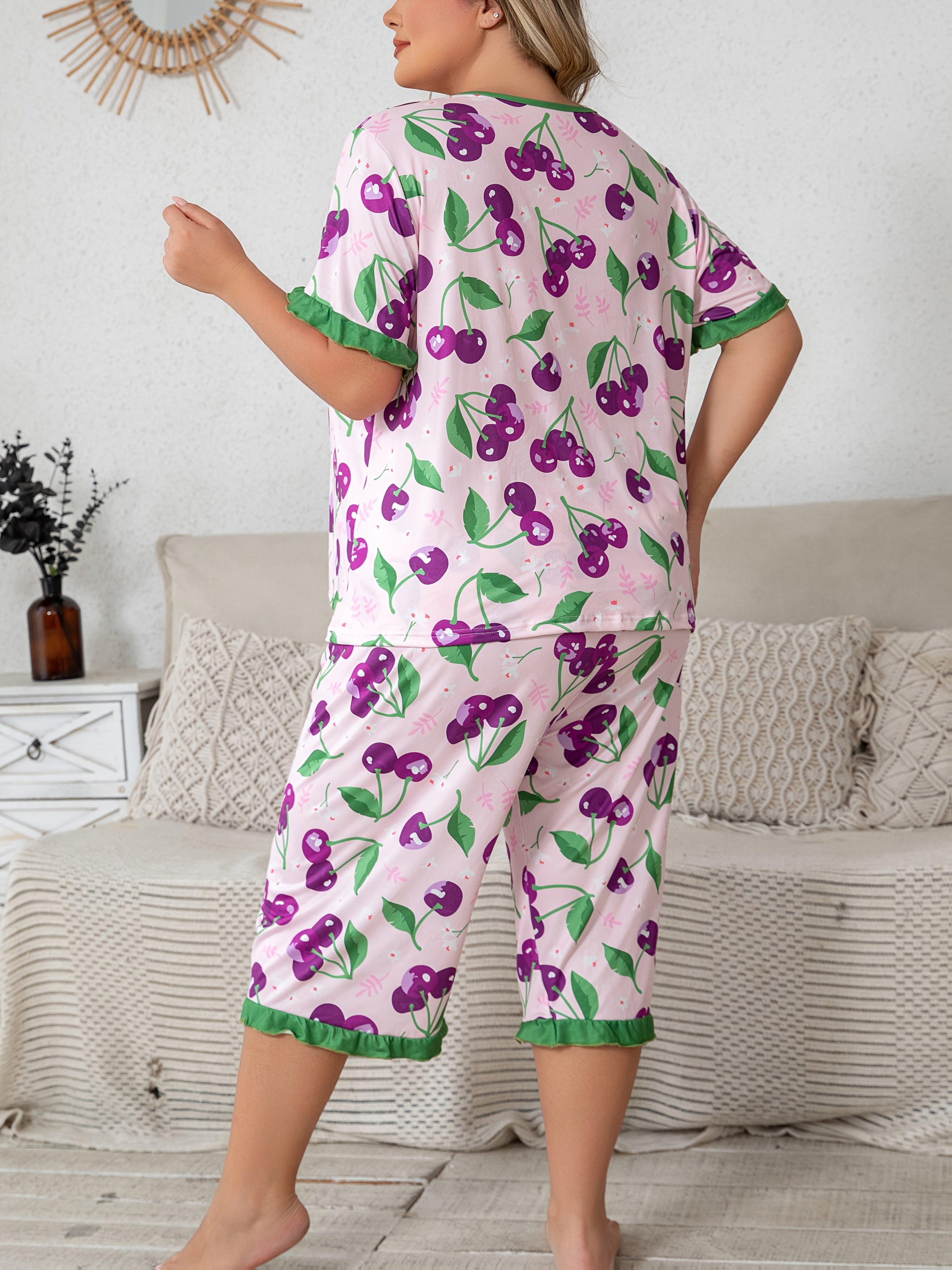 Conjunto de ropa de descanso con estampado de cerezas para mujer, con mangas con volantes y pantalones cortos