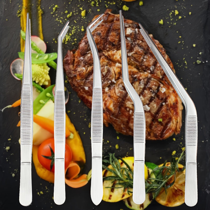 Set of 5 Stainless Steel Kitchen Tweezers for Cooking, Grilling, and Plating