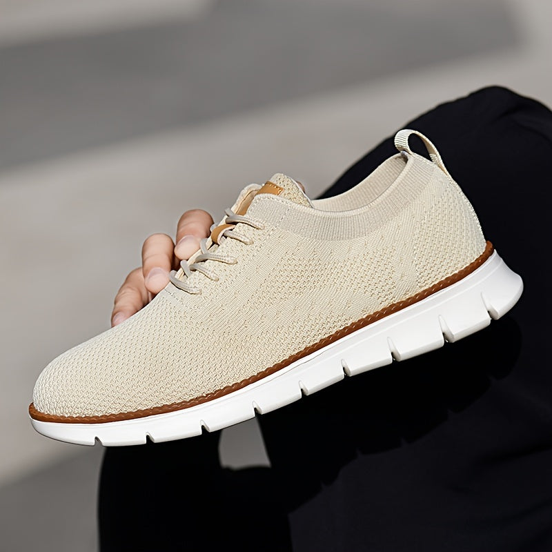 Men's Breathable Knit Business Casual Shoes Beige Brown Leather Upper EVA Sole Round Toe All-Season
