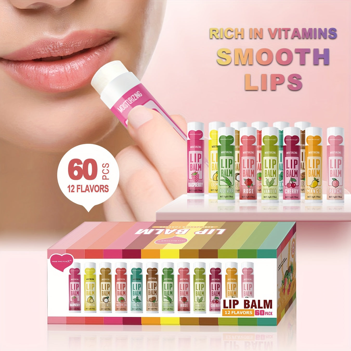 60pcs Lip Balm Gift Set Hydrating Glossy Finish Vitamin E Unisex for Women Men