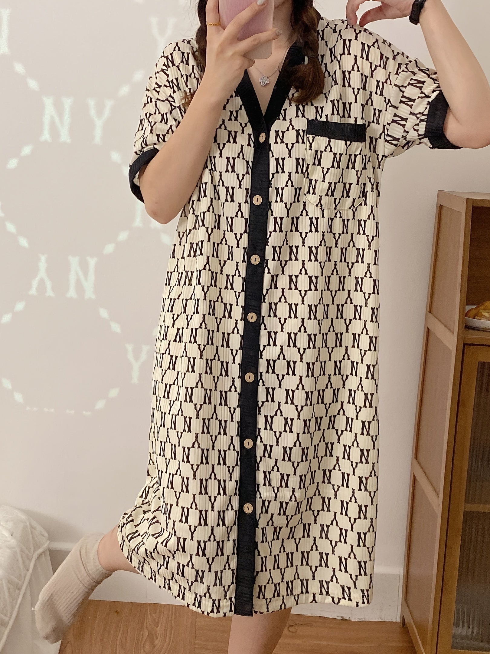 Women's Ribbed Pajama Robe with Letter Print and Colorblock Short Sleeves