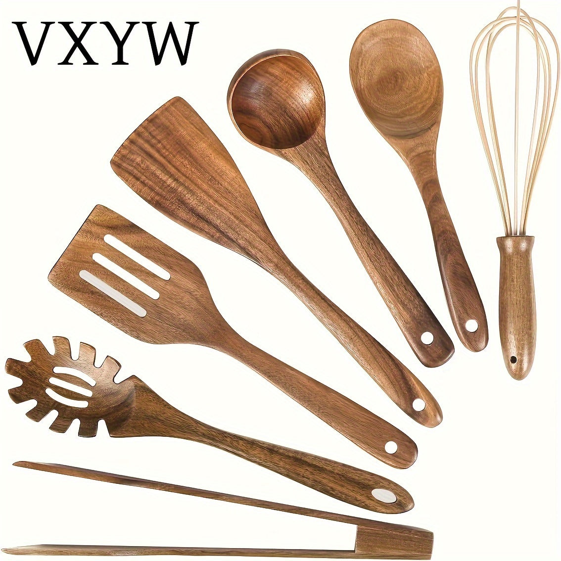 Set of 7 Wooden Cooking Utensils Non-Stick Safe Kitchen Gadgets and Accessories