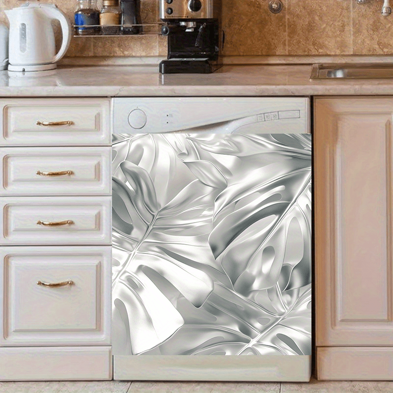Metallic Silver Leaf Dishwasher Cover Magnet Waterproof Oilproof Kitchen Decor 58.5x65 cm