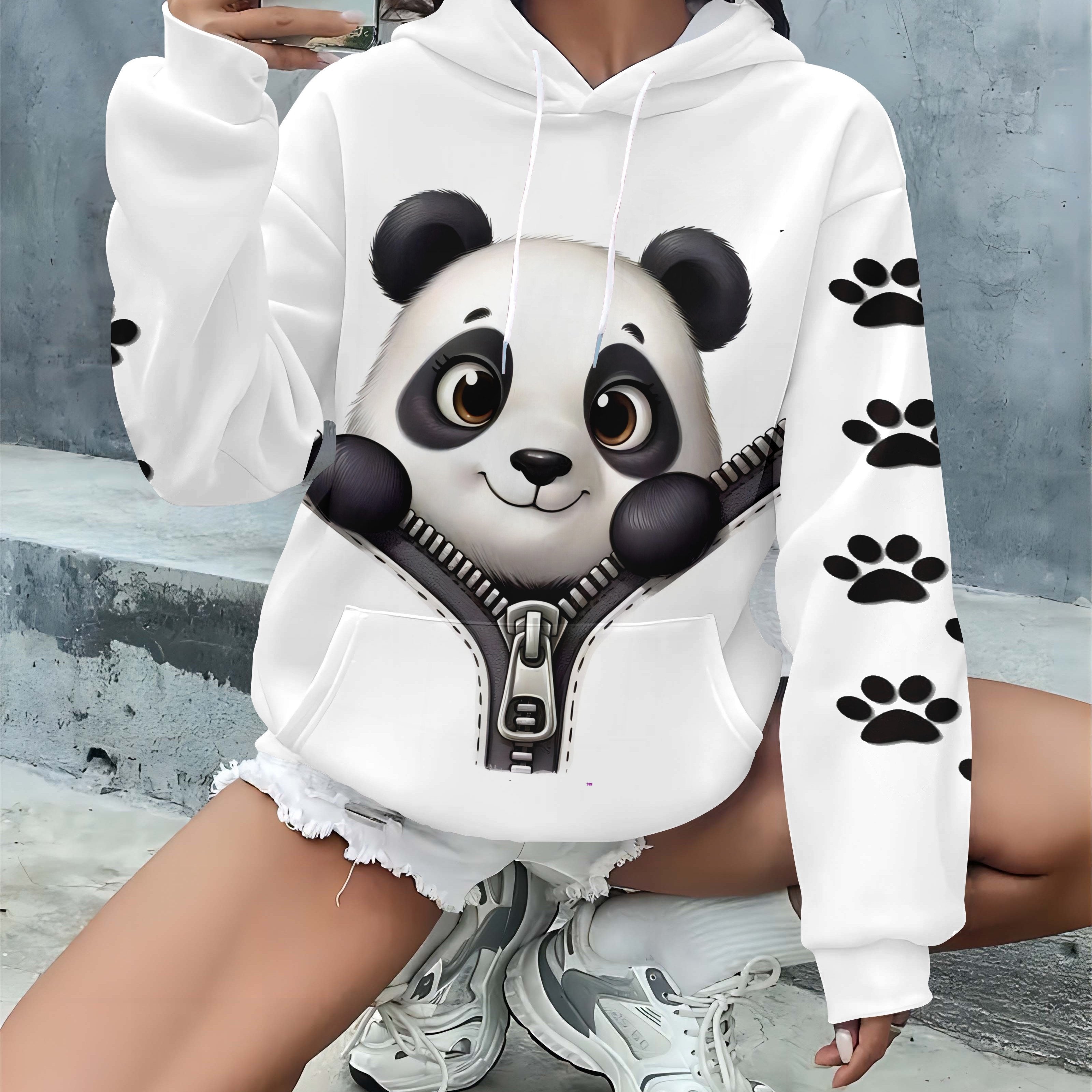 Plus o'lcham Panda bosma chiziqli kapşonli, kundalik uzun qo'l kiyimi, kuz-qish uchun ayollar