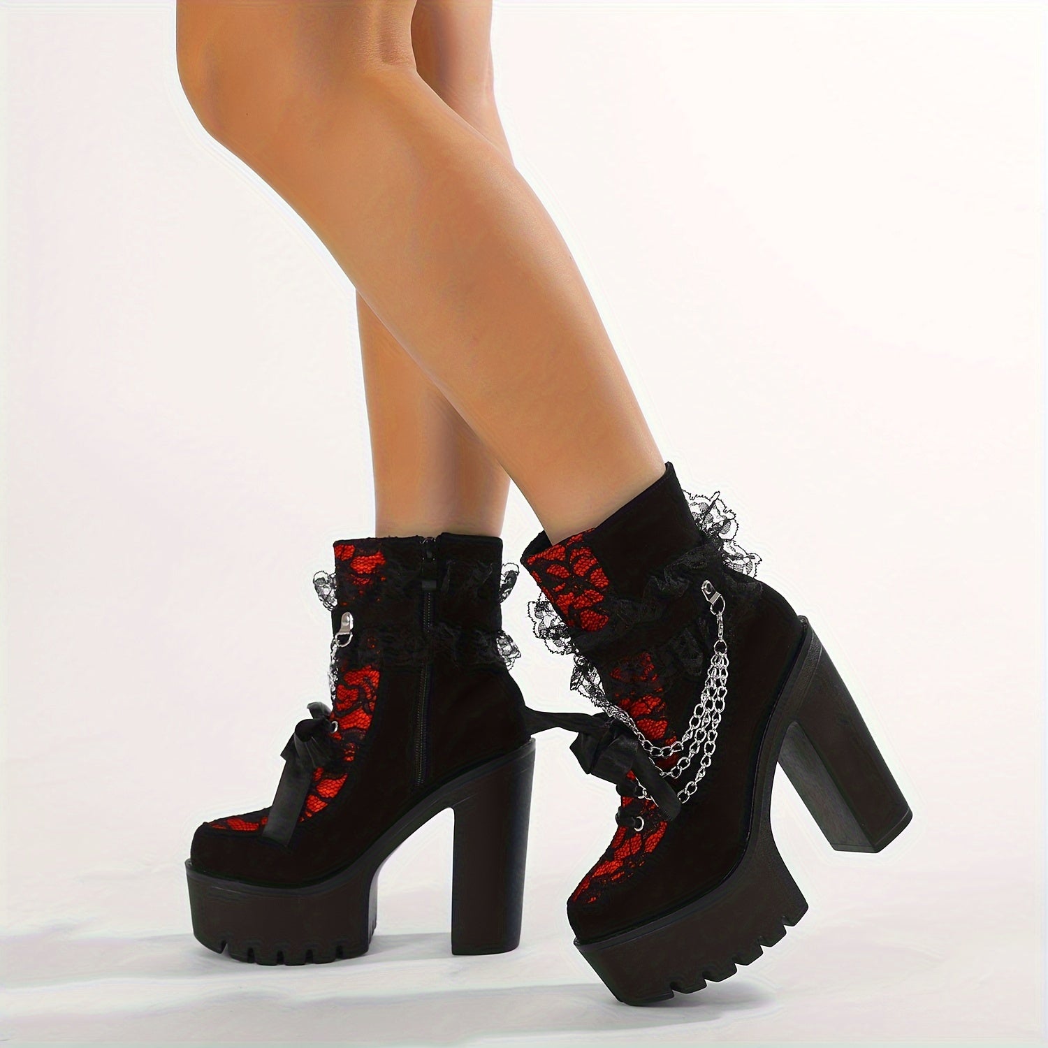 Women's Gothic Lace Ankle Boots Chunky Heel Side Zipper All-Season Black Red