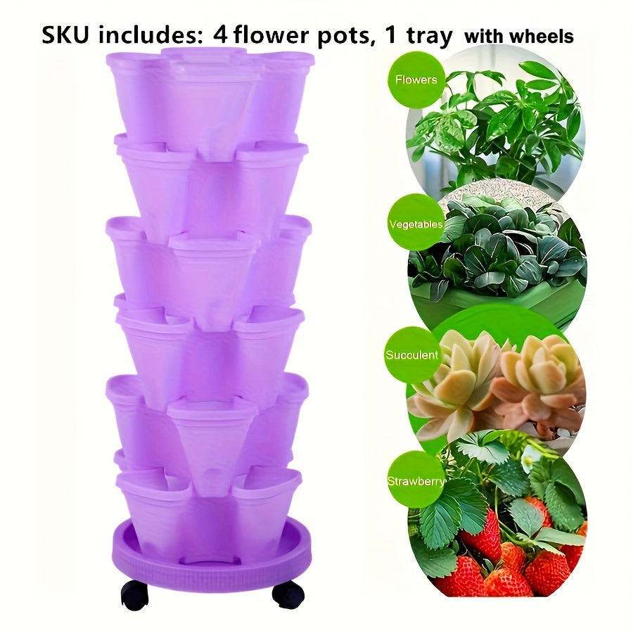 4-Tier Vertical Planter Set with Rolling Plant Caddy Indoor Outdoor Garden Tower