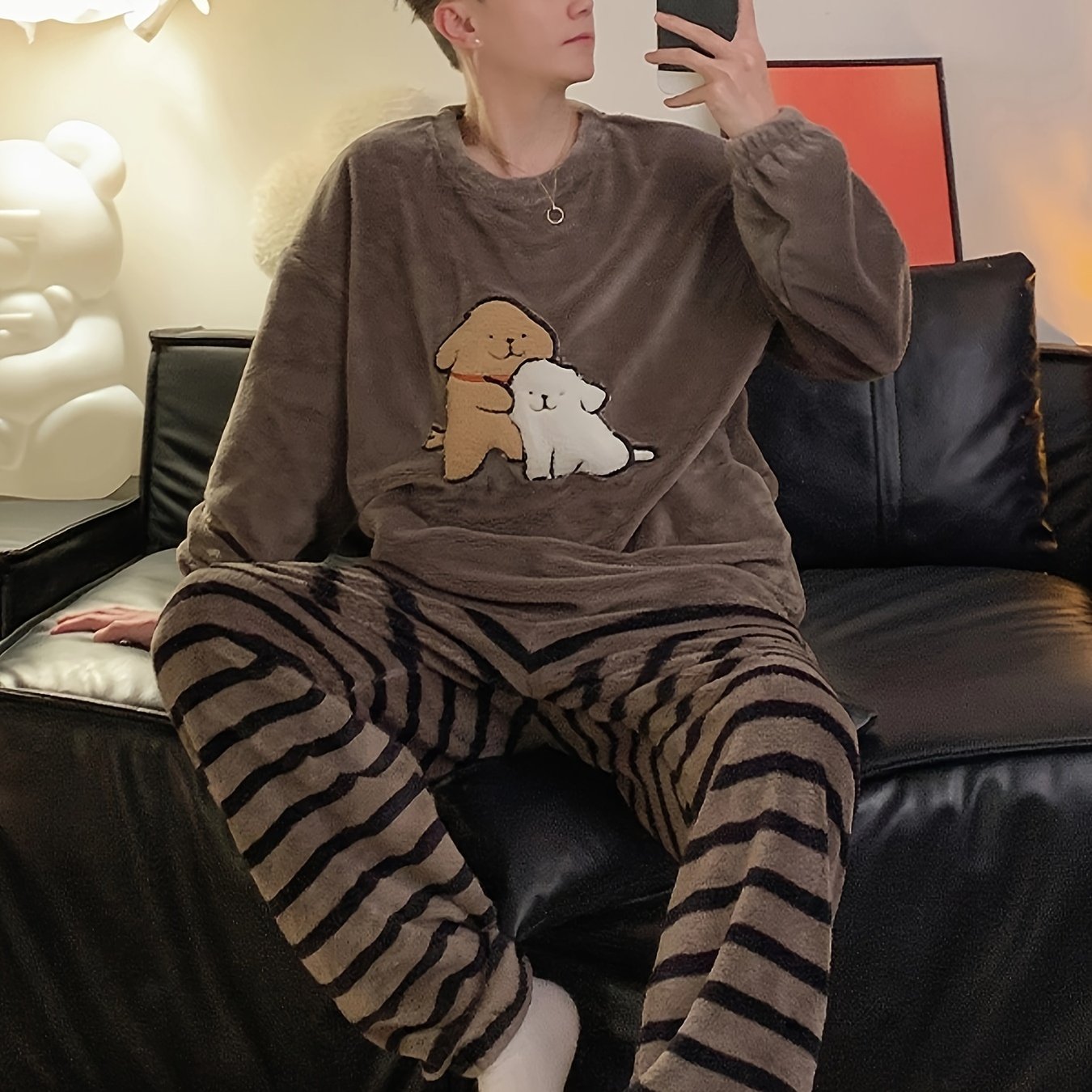 Conjunto de pijama de felpa para hombre con patrón de dibujos animados para otoño e invierno, ropa de casa