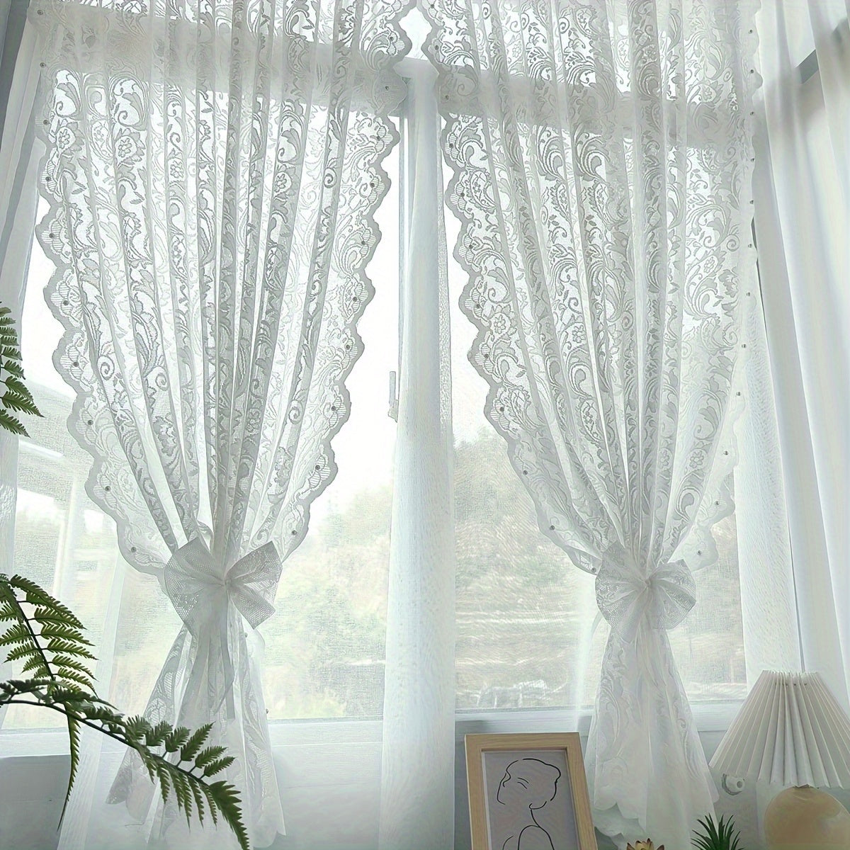 Small Flower Yarn Rod Pocket Curtain with Beads and Lace for Kitchen Bedroom Living Room