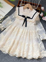 Girls' Lace-Trimmed Princess Dress with Mesh Collar Long Sleeves for Spring Autumn