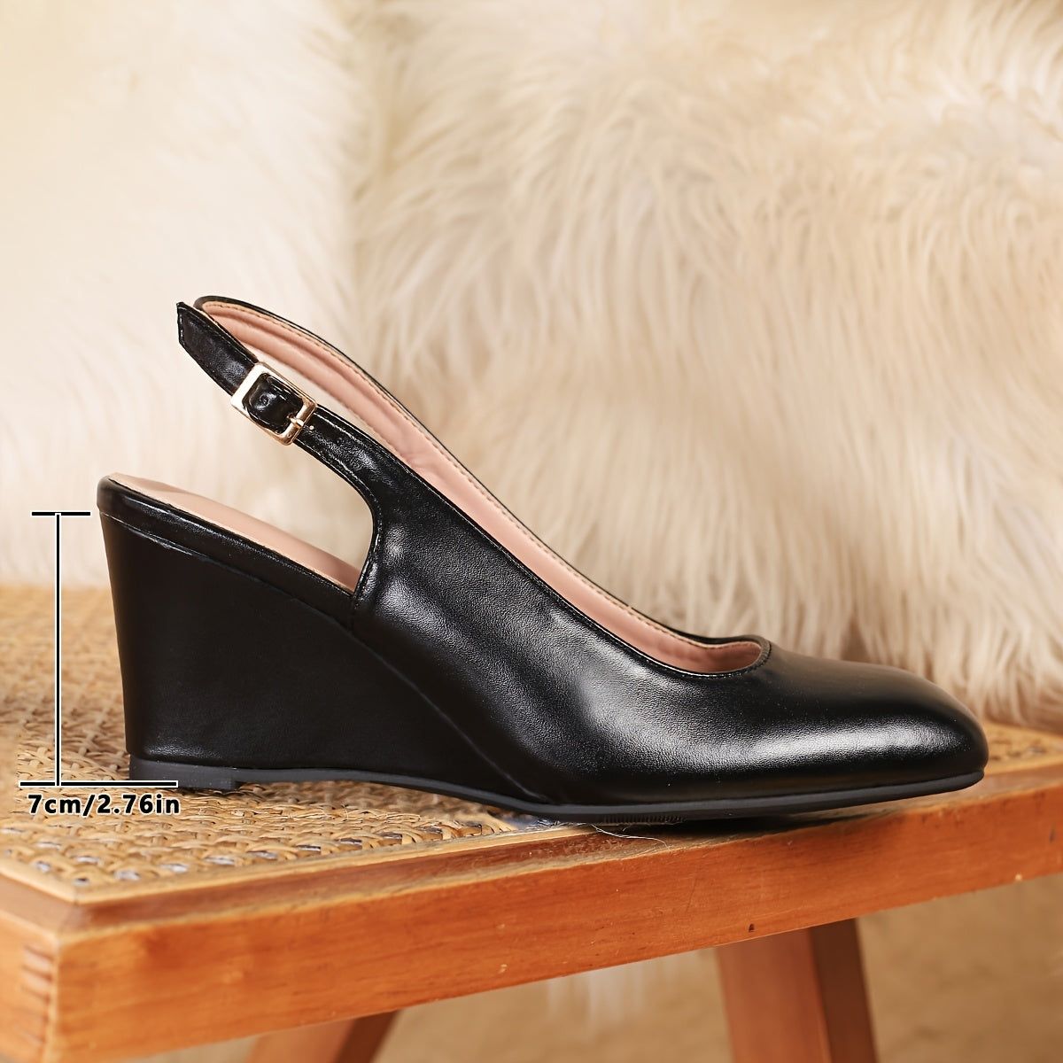 Women's Faux Leather Square Toe Wedge Heels with Ankle Strap Black