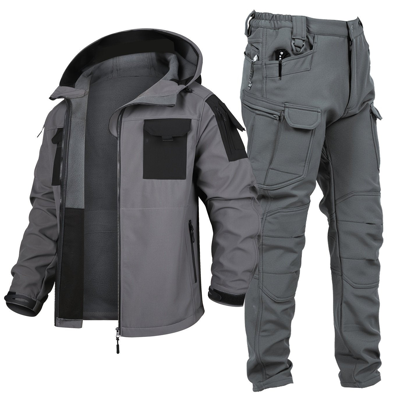 Conjunto de chaqueta y pantalones de senderismo para exteriores para hombre, a prueba de viento y cálido, con múltiples bolsillos, poliéster