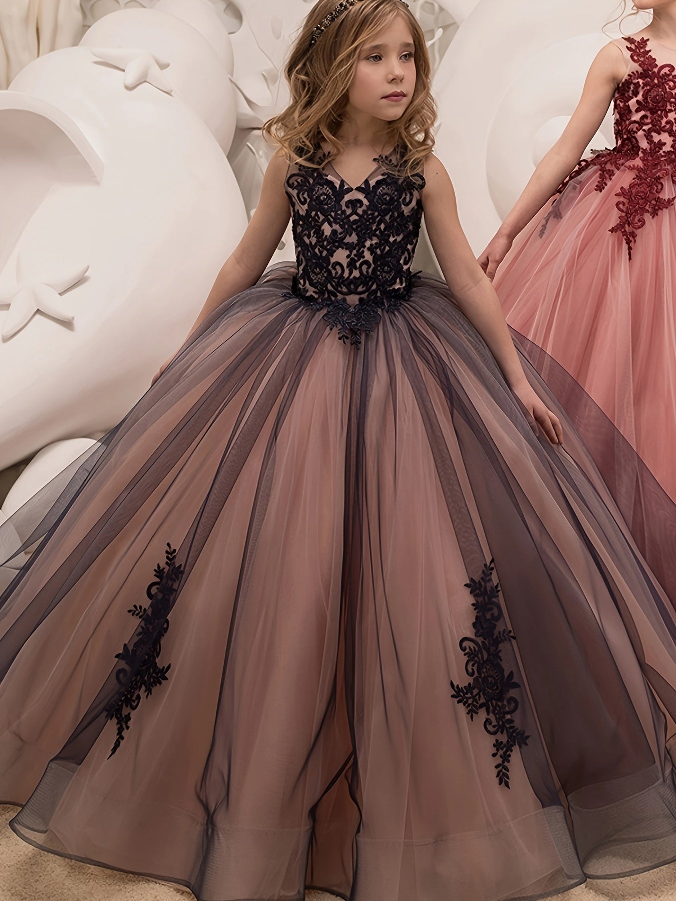 Девочки безрукавное платье с цветочной аппликацией для выступлений и концертов