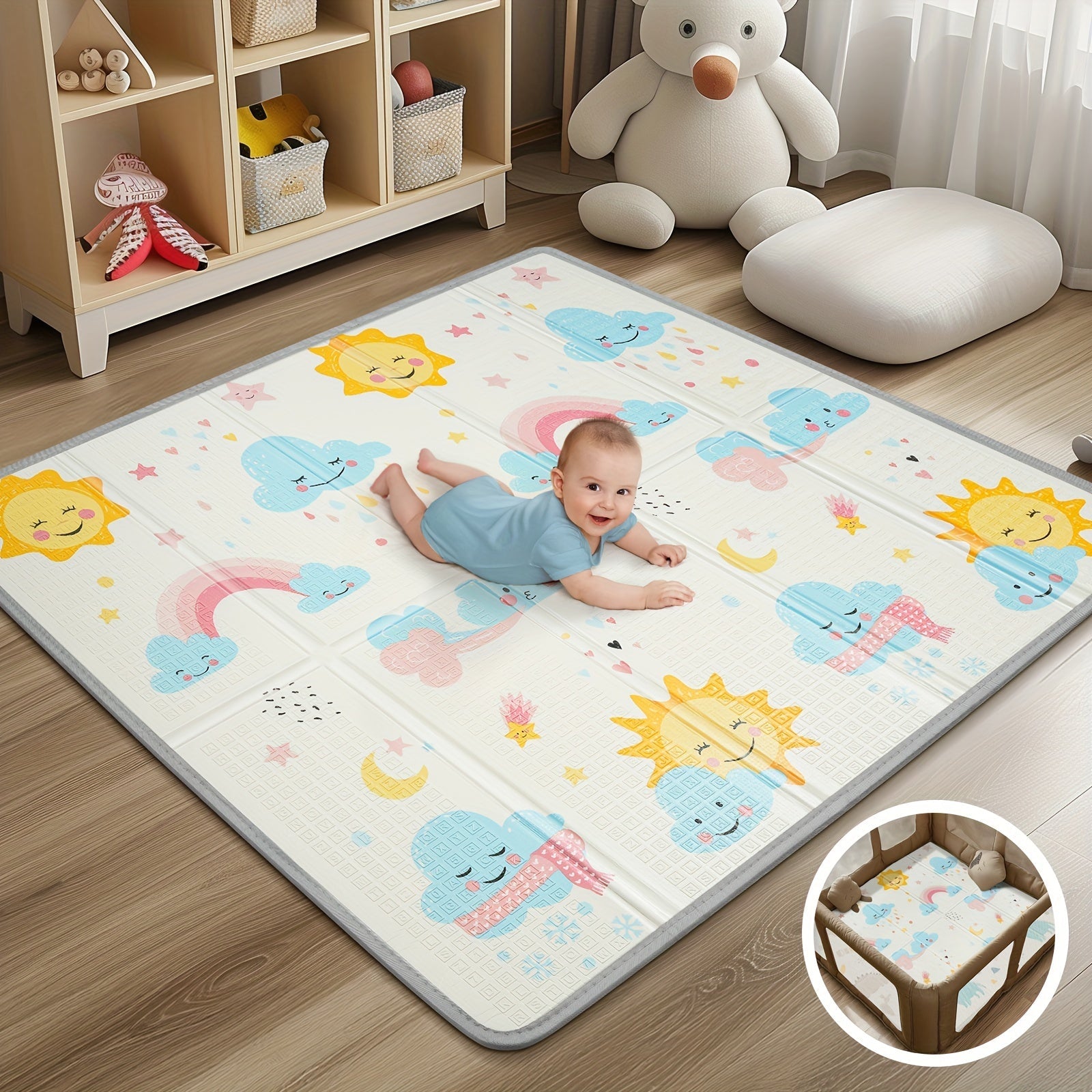 Kids Reversible Play Mat Waterproof Foam Floor Mat 127cm with Fence