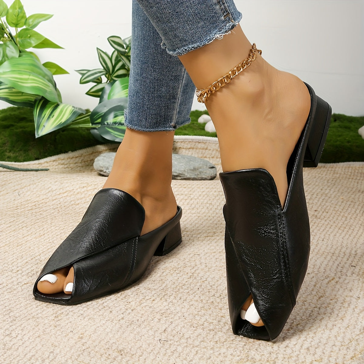 Women's Open Toe Slip-On Sandals Breathable Synthetic Cushioned Mid-Heel