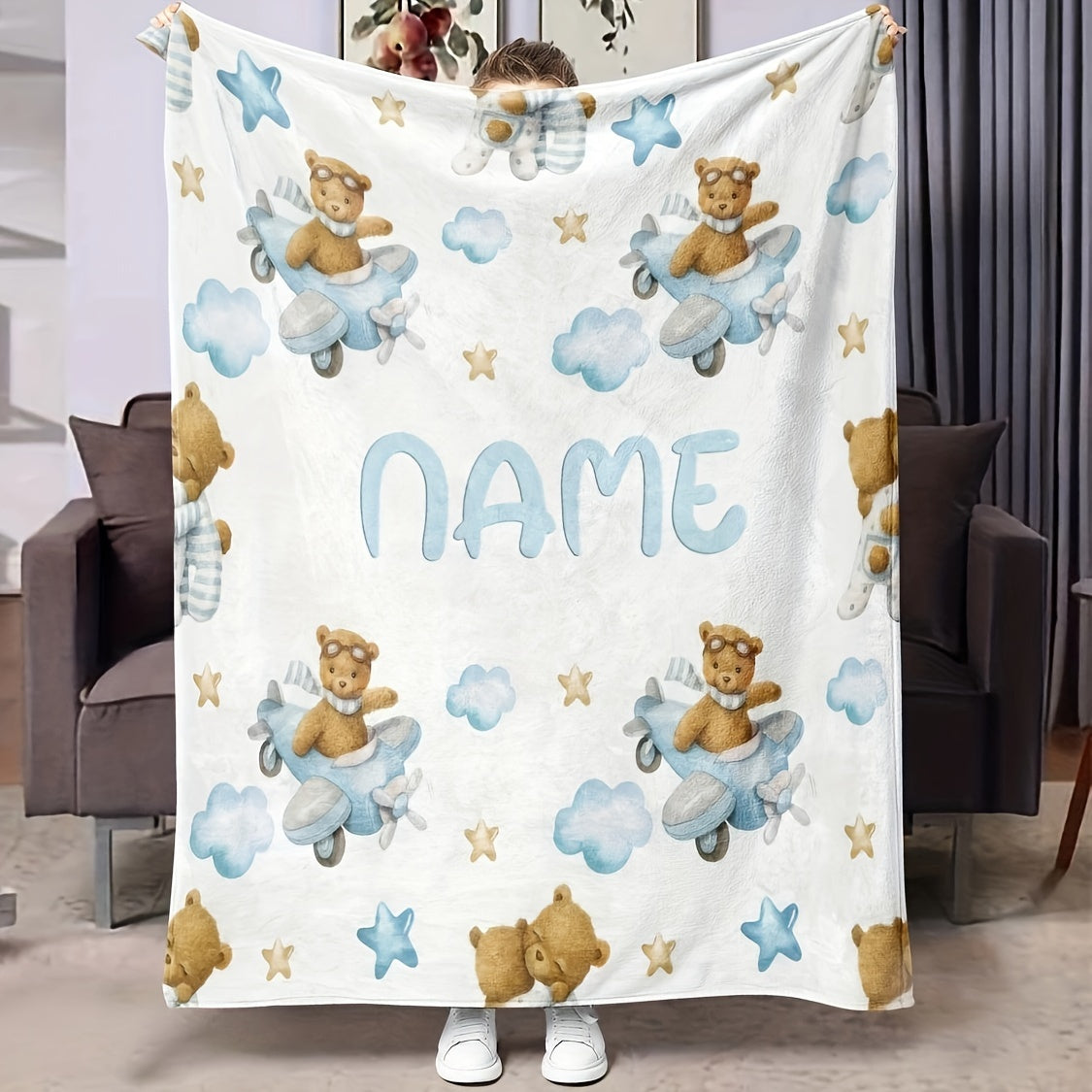 Customizable Flannel Blanket with Bear and Airplane Design for Kids and Adults