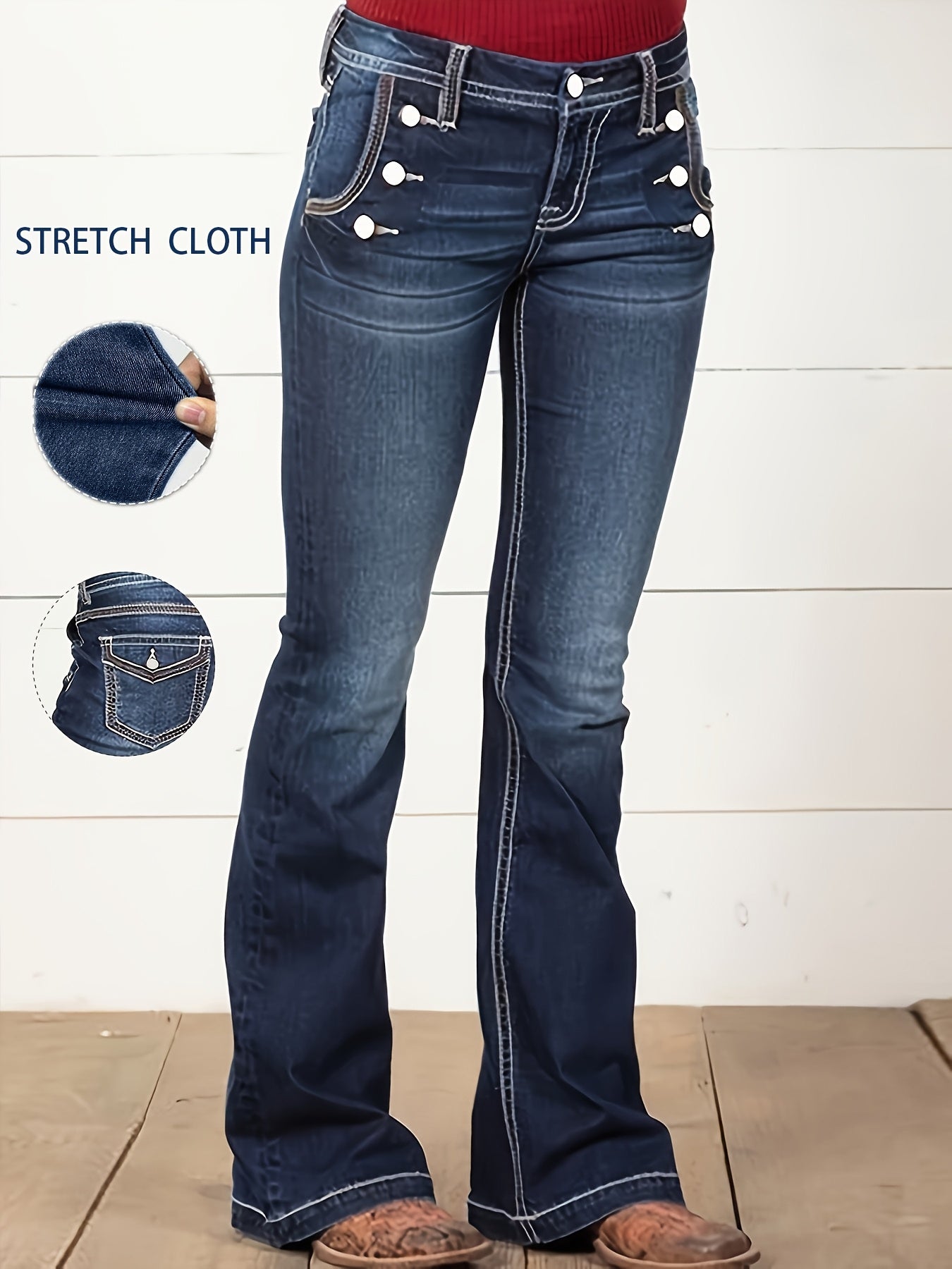 Women's Navy Blue Bootcut Jeans Casual Stretchy Denim Five-Pocket