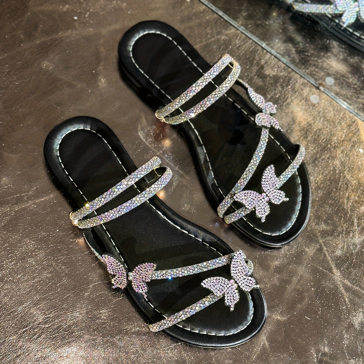 Women's Rhinestone Butterfly Flat Sandals Pink White Summer Wedding Shoes