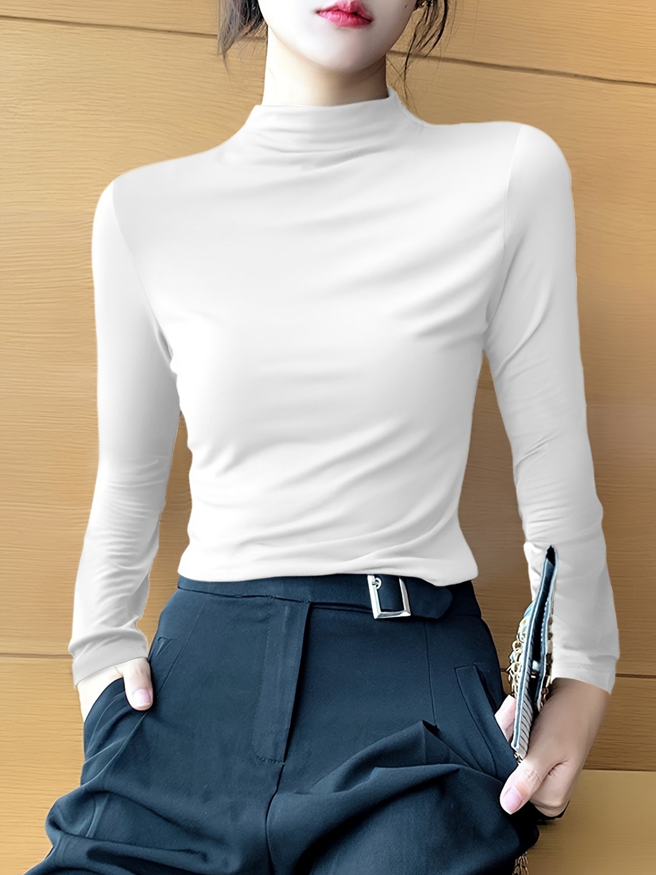 Women's High Neck Slim Fit Polyester Blouse for Fall Winter