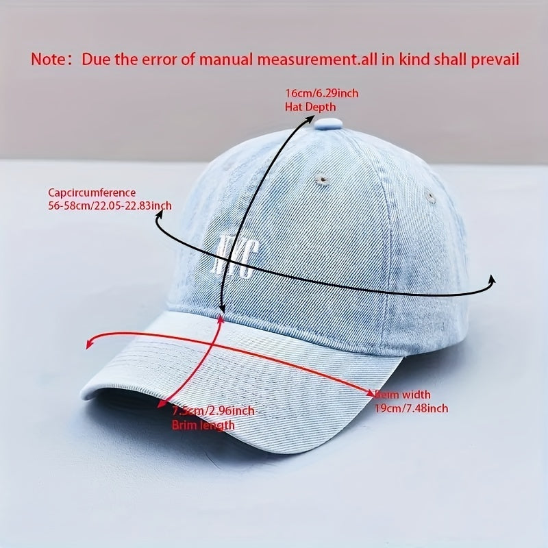 Kundalik uslubdagi denim beysbol shlyapasi, tikilgan NYC logotipi bilan, ochiq havoda faoliyatlar uchun moslashuvchan uniseks moda shlyapasi.