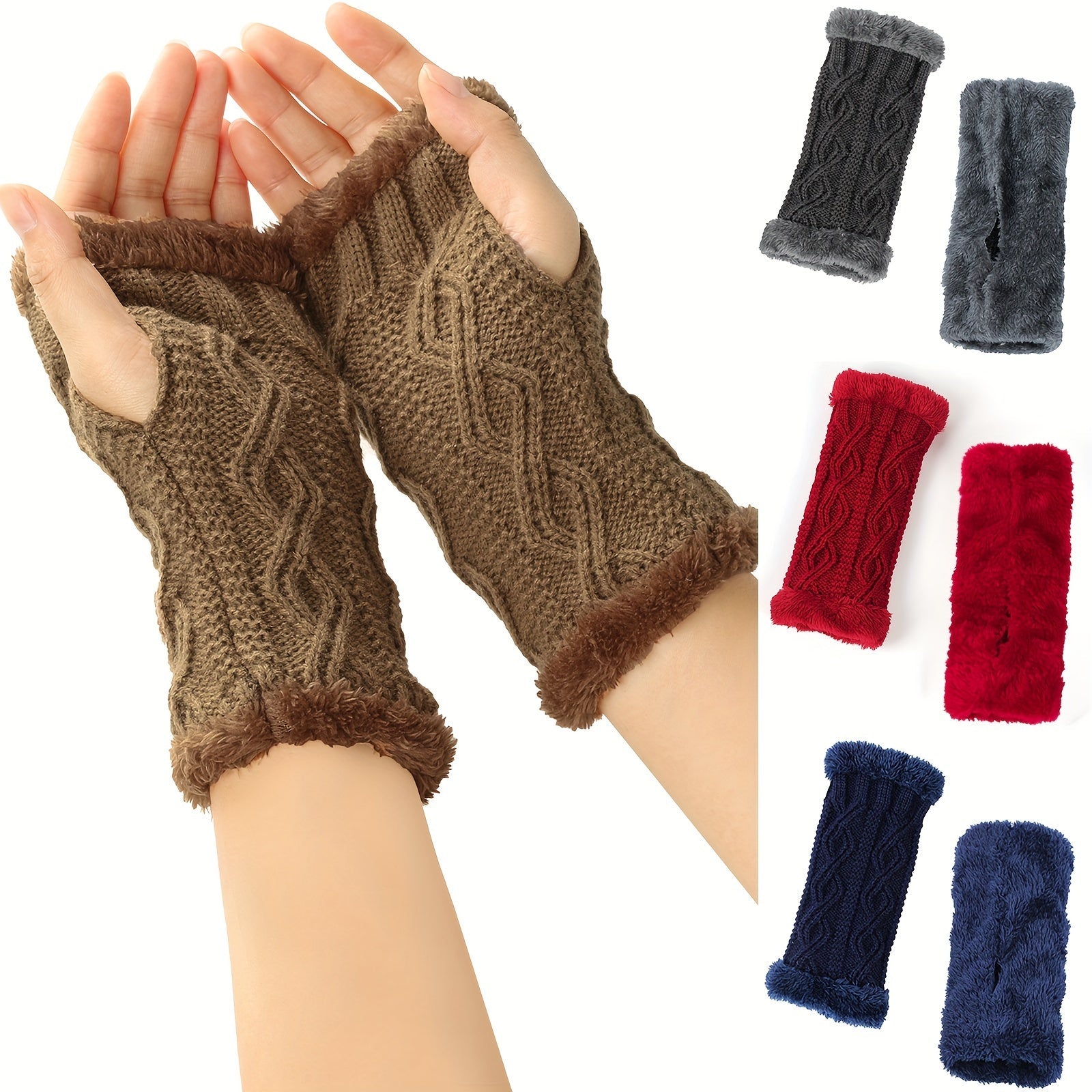 Solid Color Twist Knit Fingerless Gloves with Velvet Lining for Winter Warmth