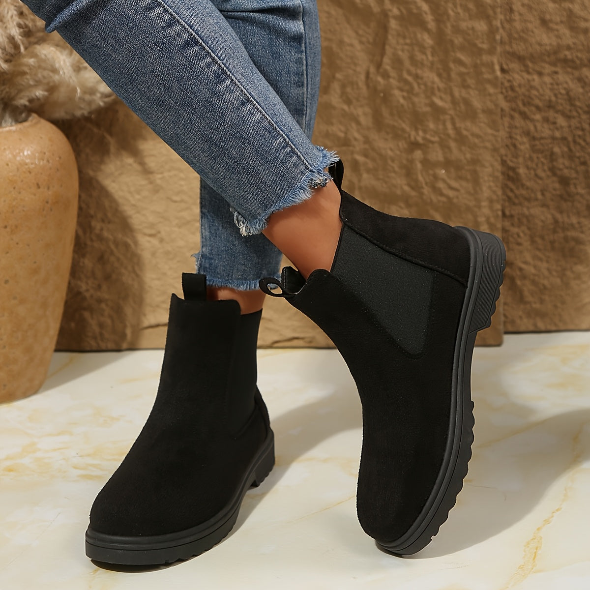 Women's Black Fleece-Lined Slip-On Ankle Boots with Cushioned Sole