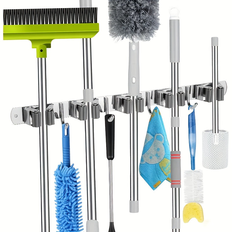 Wall-Mounted Mop and Broom Rack with 5 Clips 4 Hooks Stainless Steel