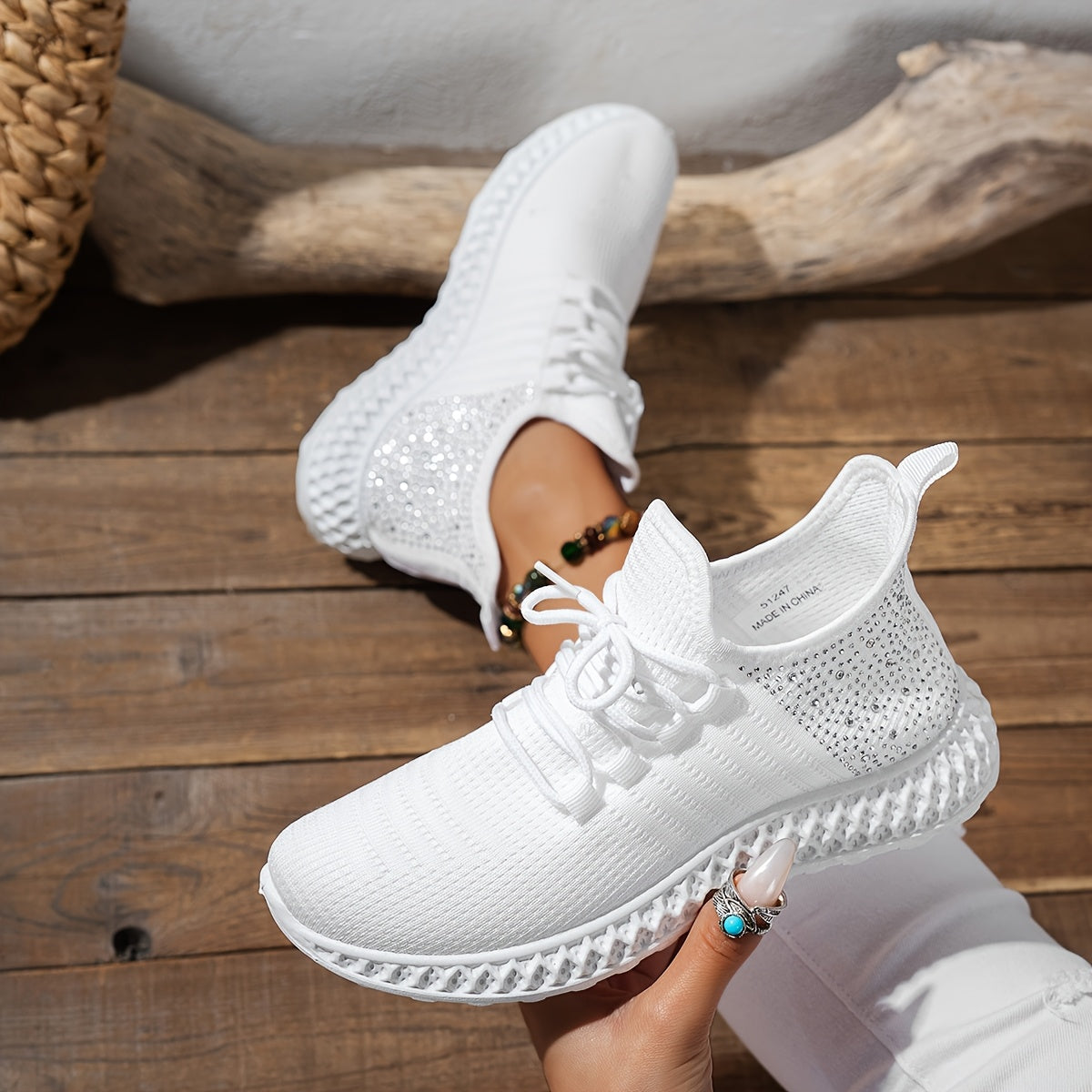 Women's Breathable Knit Sneakers - Lace-Up Walking Shoes with Height Boost