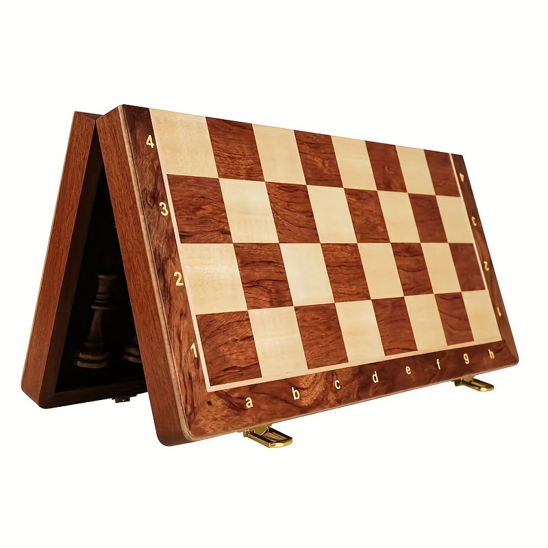 Solid Wood Chess Set with Folding Walnut Checkerboard and Internal Storage 15 Inch