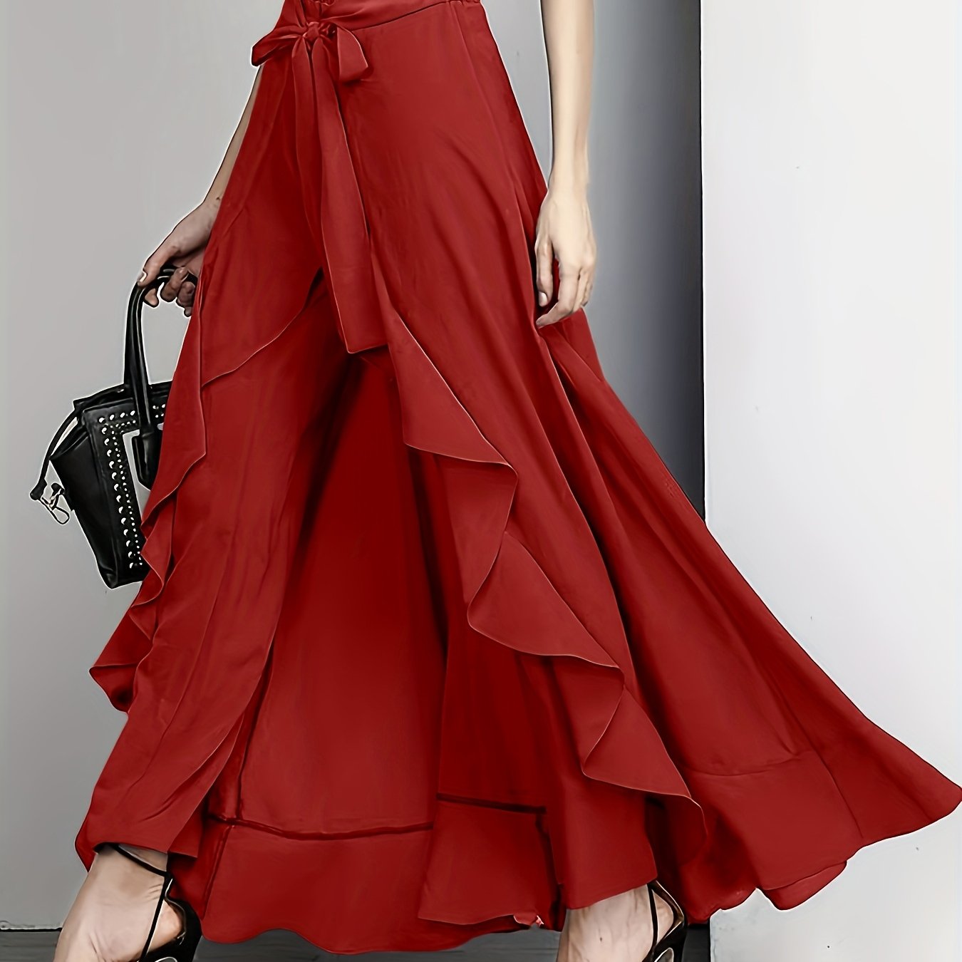 Pantalones acampanados con volantes de color sólido para mujer en 100% poliéster, de pierna recta para todas las estaciones