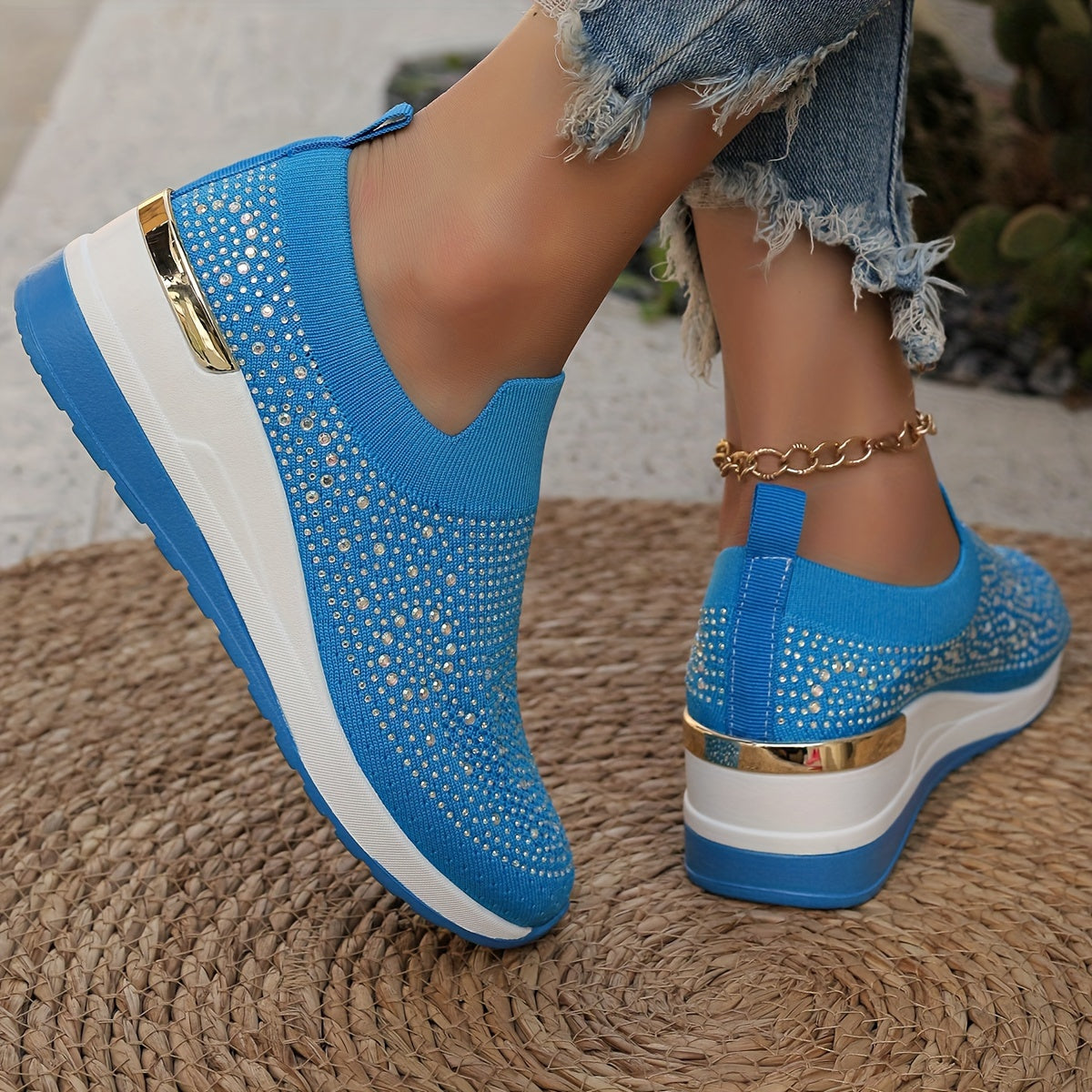 Women's Rhinestone Decor Platform Sneakers Casual Slip-On Outdoor Shoes