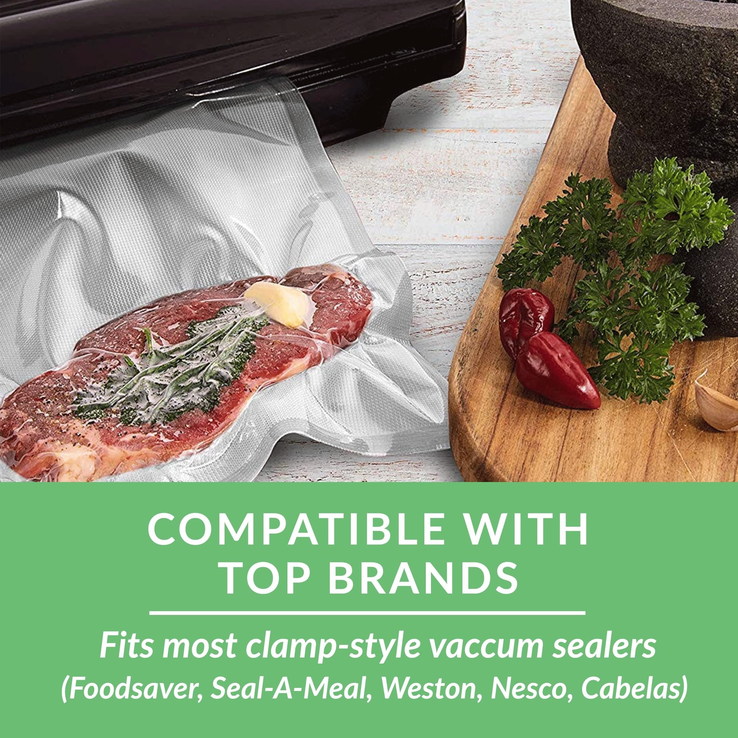 Oziq-ovqat saqlash uchun turli o'lchamdagi beshta vakuumli sumka. Ushbu sumkalar bisfenol A dan xoli va oziq-ovqatni saqlash va qadoqlash uchun ideal bo'lgan yetti qatlamli ko-extruded olmos naqshli vakuum filmi bilan tayyorlangan.