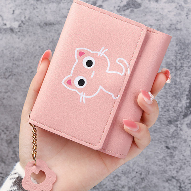 Girls' Faux Leather Pink Cat Tri-Fold Wallet with Keychain Stain-Resistant Lightweight Compact Coin Purse