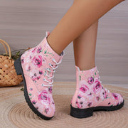 Women's Floral Pattern Lace-Up Casual Boots with Soft Sole and Round Toe