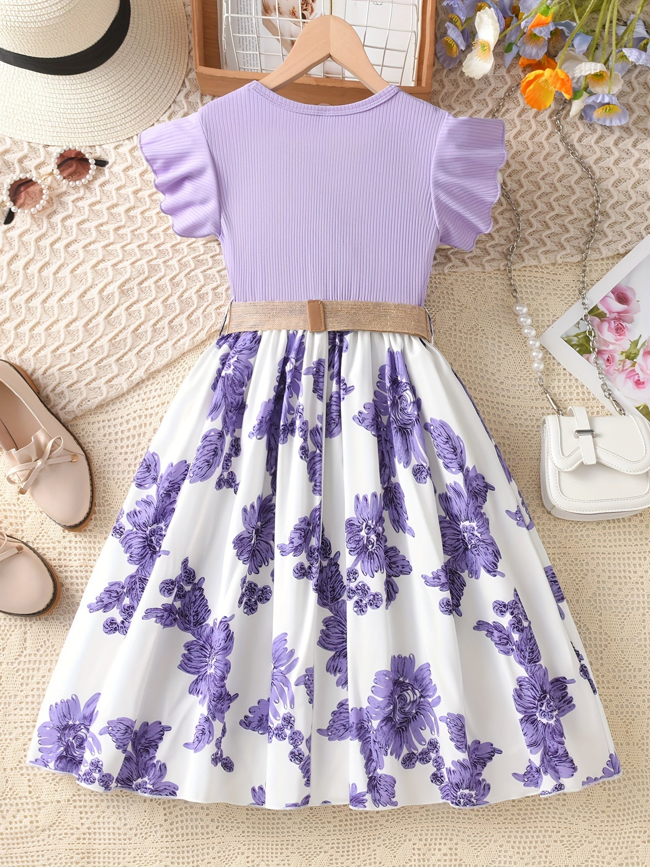 Girls Summer Floral Dress with Ruffle Sleeves Knee-Length Polyester Knit Belt Lavender White