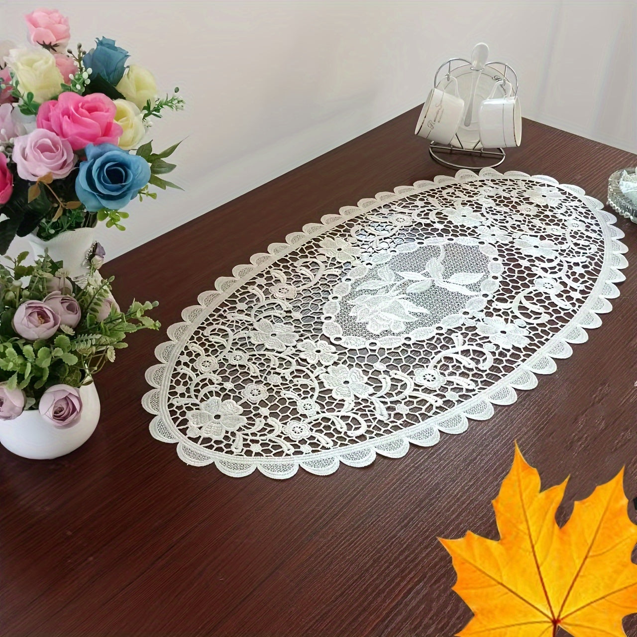 Individuales de polyester con bordado de encaje blanco, decoración de mesa estilo nórdico para mesa de café o comedor