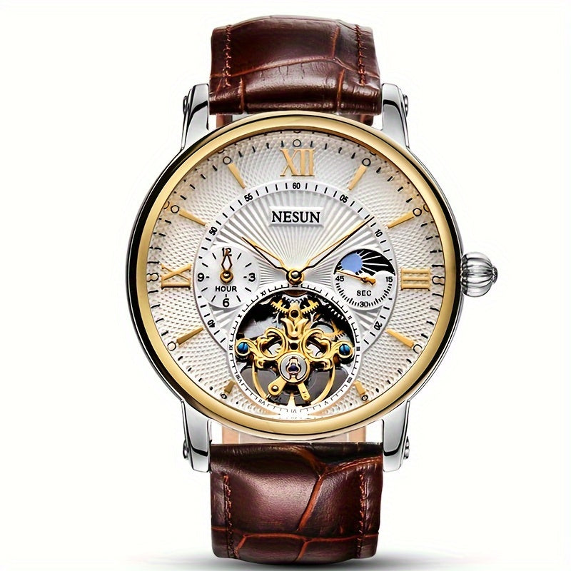 Men's Mechanical Watch Luminous Hollow Business Stainless Steel Leather Strap