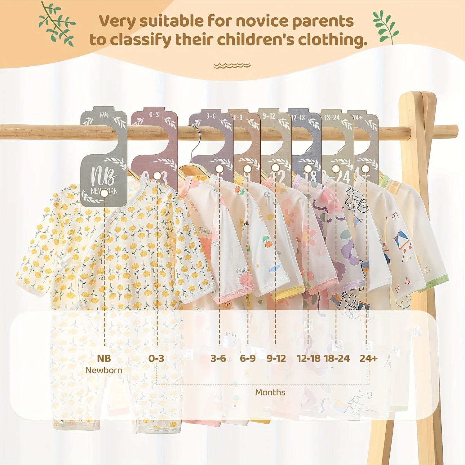 8 ta Yog'ochdan Yasalgan Bolalar Kiyimlarini Tashkillashtirish Uchun Bo'laklar - Yangi Tug'ilganlardan 24 Oygacha Bo'lgan Kiyimlar Uchun Ikki Tomonlama Osma Tashkillashtiruvchi, Chiroyli Bolalar Xonasi Dekoratsiyasi Uchun