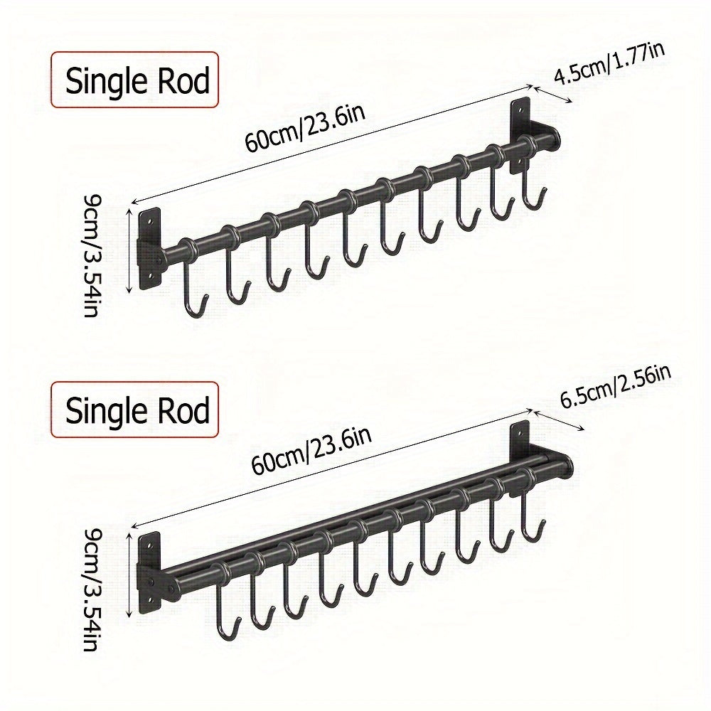Wall-Mounted Steel Storage Rack with Hooks for Kitchen and Entryway Organizer