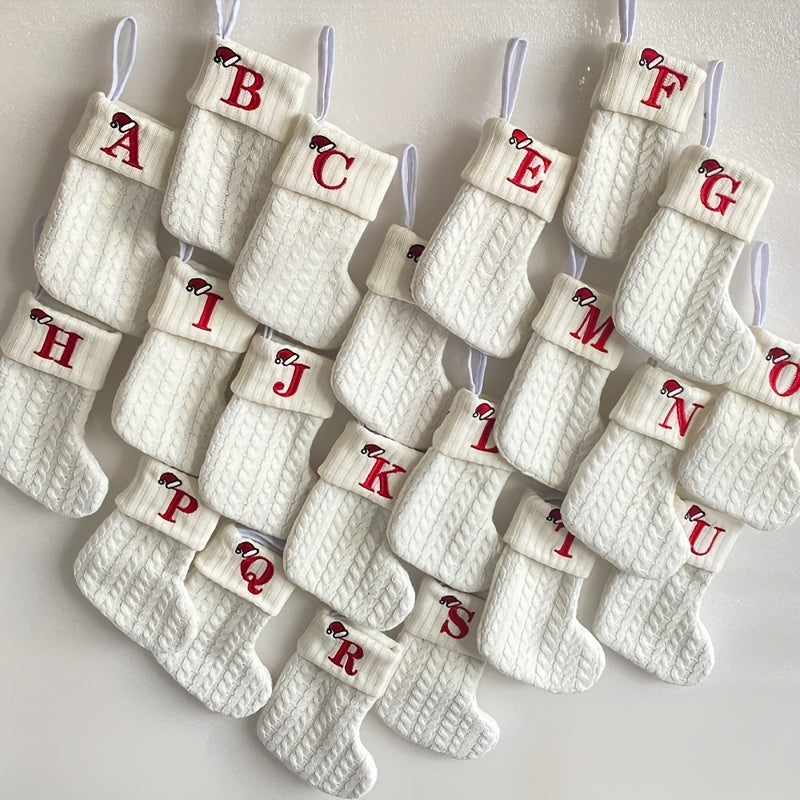 White Cable Knit Stocking with Embroidered F Letter for Indoor Decor