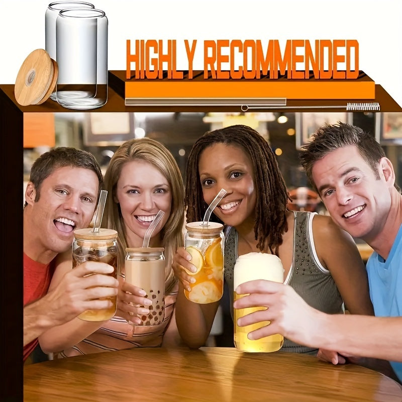 Set of Drinking Glasses with Bamboo Lids and Glass Straws 16oz Can Shaped Cups for Beer Iced Coffee Cocktails