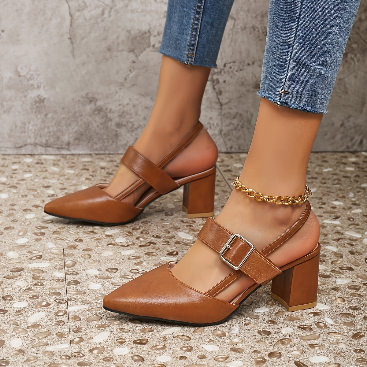 Women's Black Block Heel Sandals with Pointed Toe Slip-On Fall Footwear