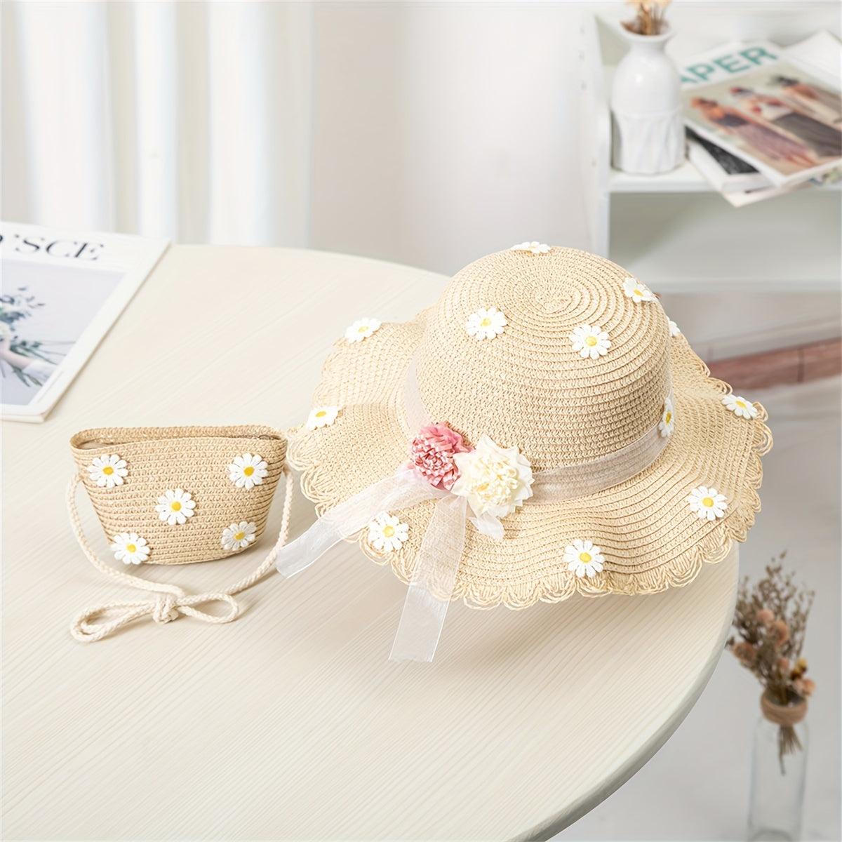 Teen Girls Straw Hat with Daisy Pattern and Matching Bag Summer Water-Resistant