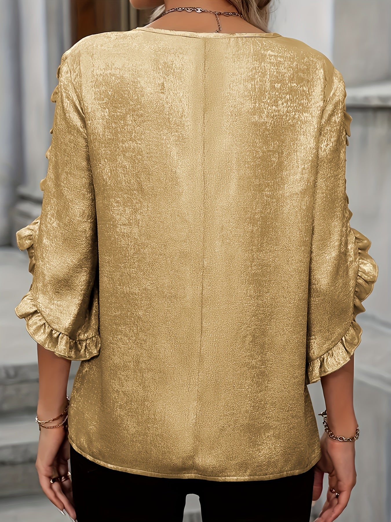 Plus Size Ruffle Detail Blouse with Crew Neck Short Sleeves Polyester Elastane for Spring Fall