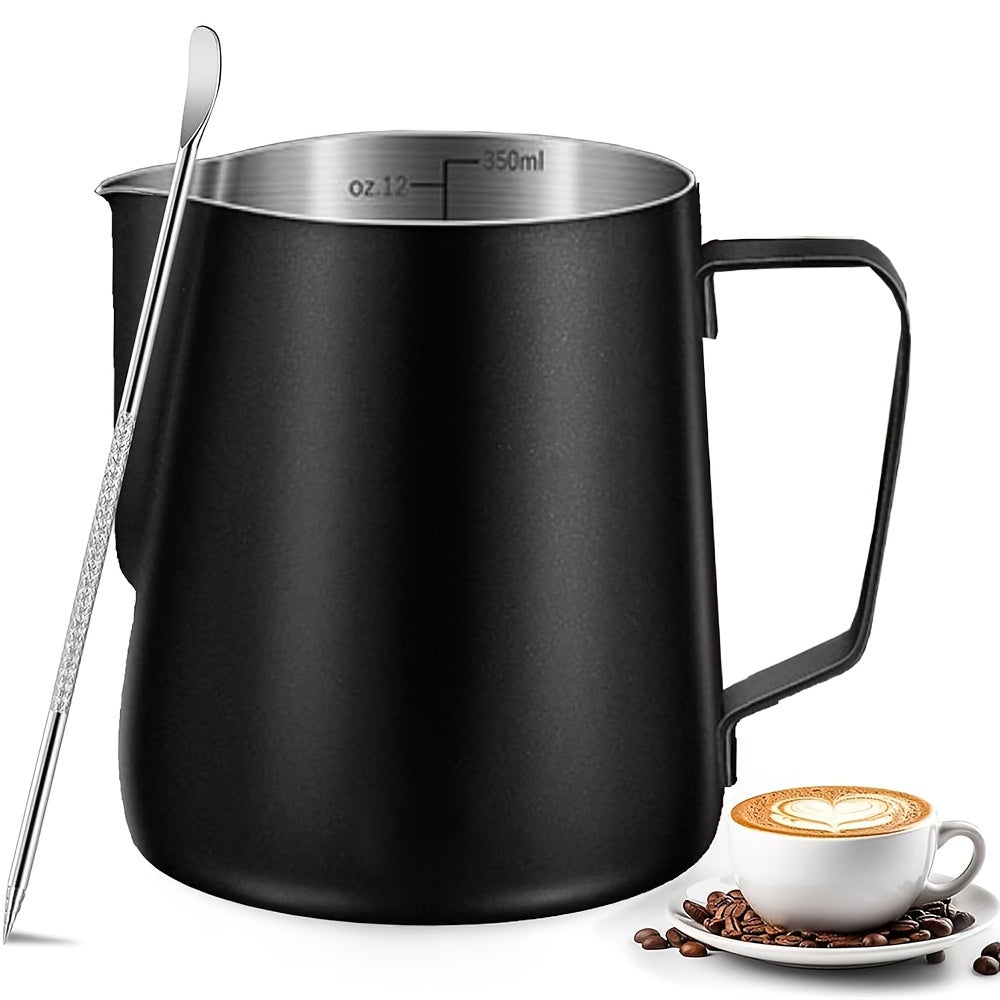 Juego de jarras de acero inoxidable para espumar leche de 12oz y 20oz con medición y pluma decorativa