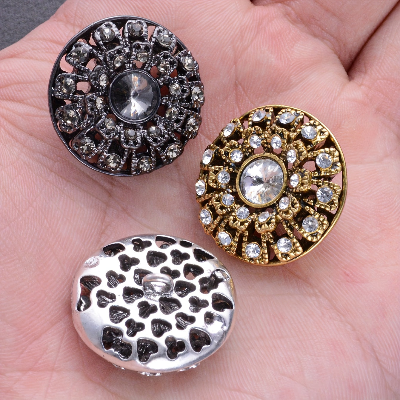 Set of 5 Vintage Round Rhinestone Buttons for Sweaters, Blazers, Coats