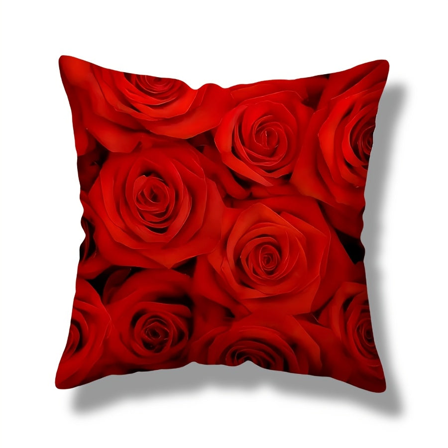 Red Rose Printed Throw Pillow Cover 44.96cm x 44.96cm Floral Cushion Cover for Valentine's Day and Wedding