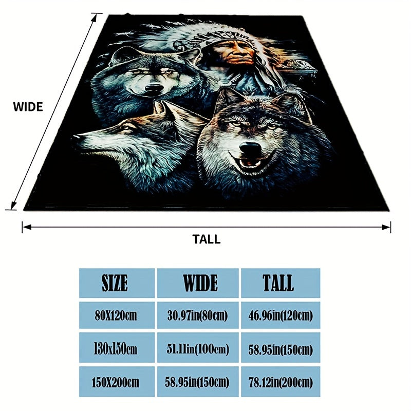 Retro Indian and Wolf Pattern Printed Blanket with Flange Soft Warm Fabric for Sofa Bed Camping