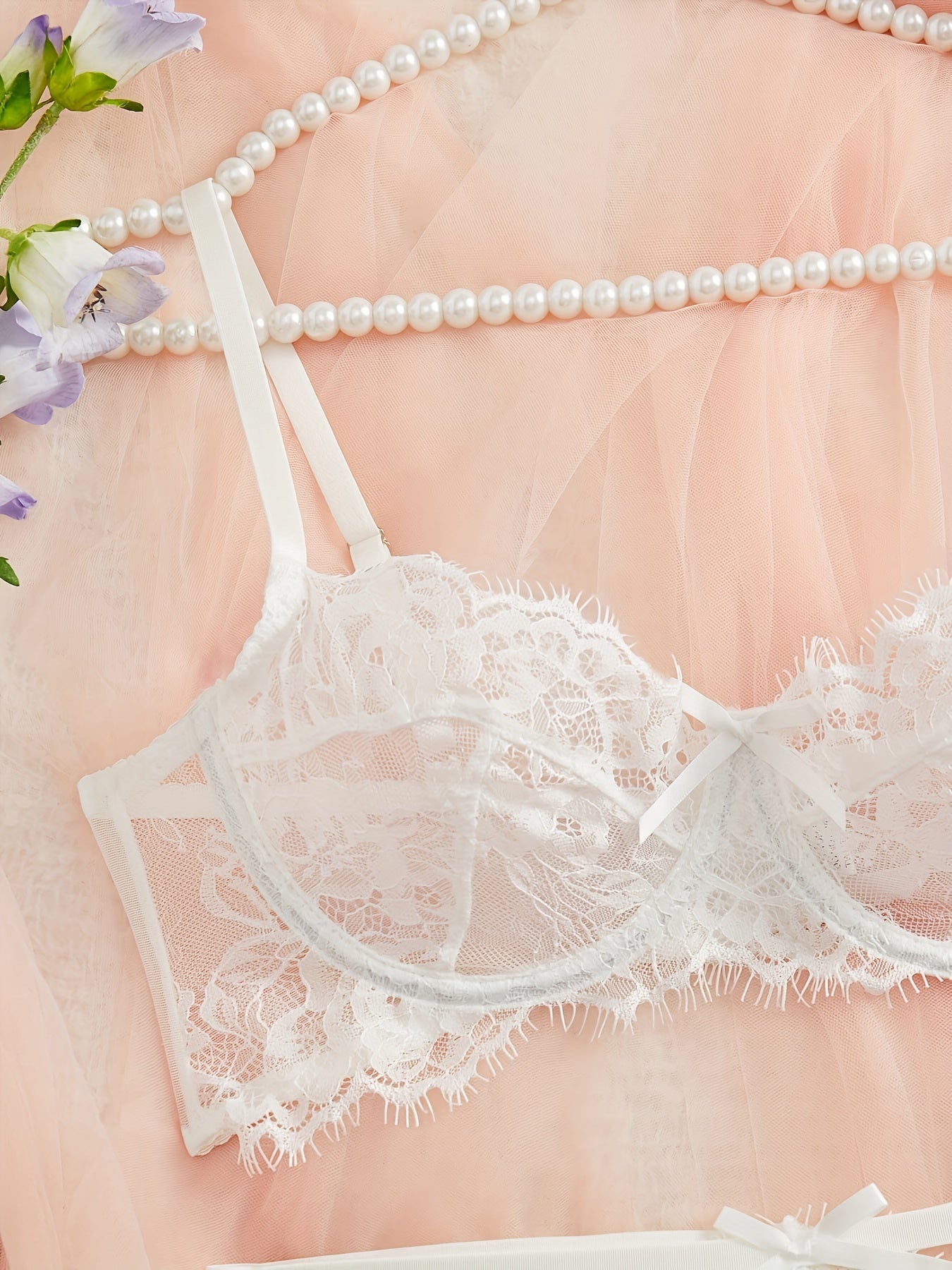 Women's Floral Lace Lingerie Set Bra Thong Garter Belt Stockings