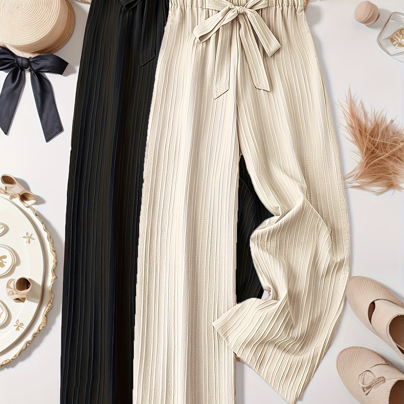 Women's Plus Size Pleated Striped Pants with Bow Detail Two Pack