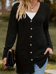 Plus Size Women's Black Knit Cardigan with V-Neck Button Front for Fall Winter